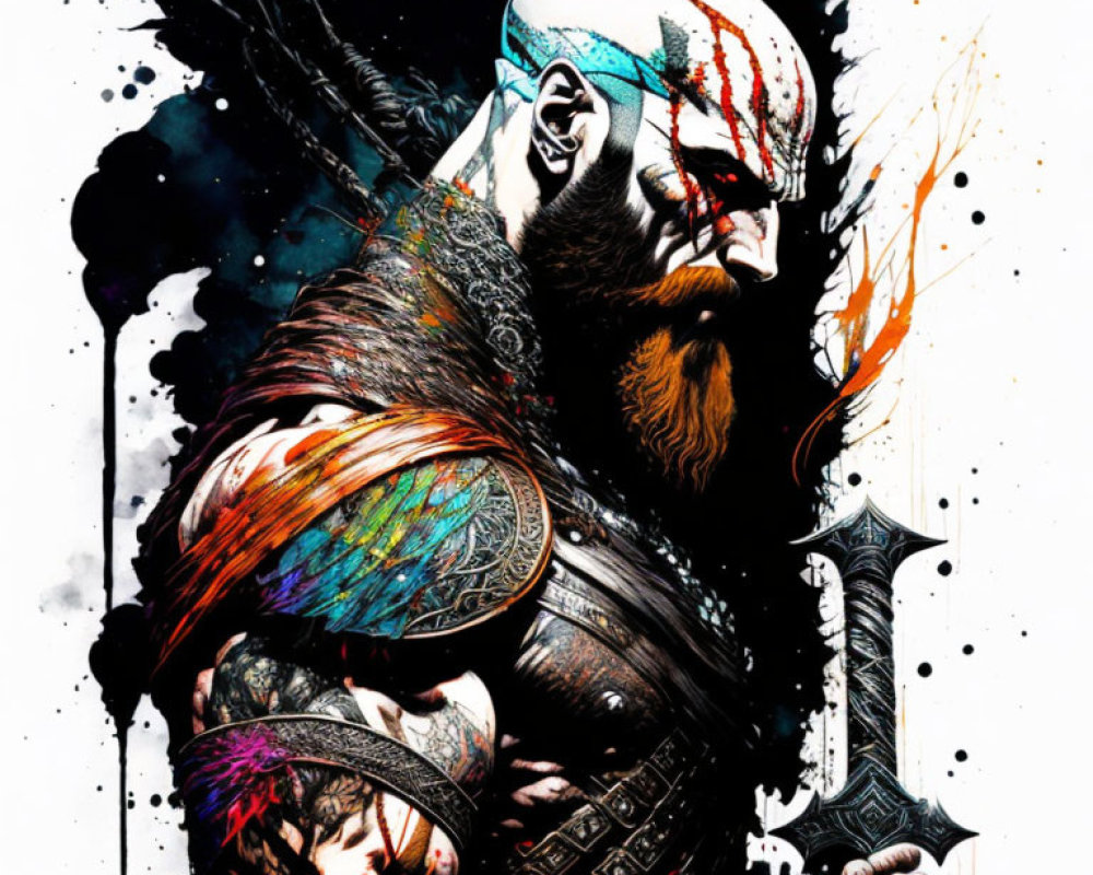 Muscular, Bearded Man with Axe in Vibrant Colors