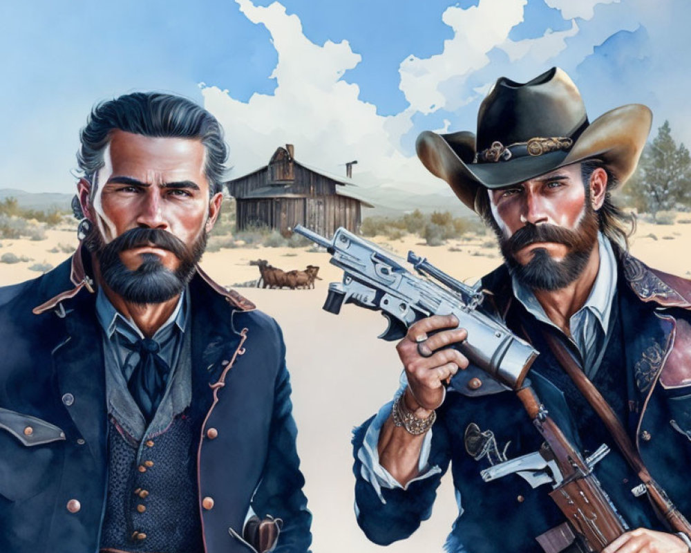 Two stern cowboys in period attire with revolver in desert backdrop.