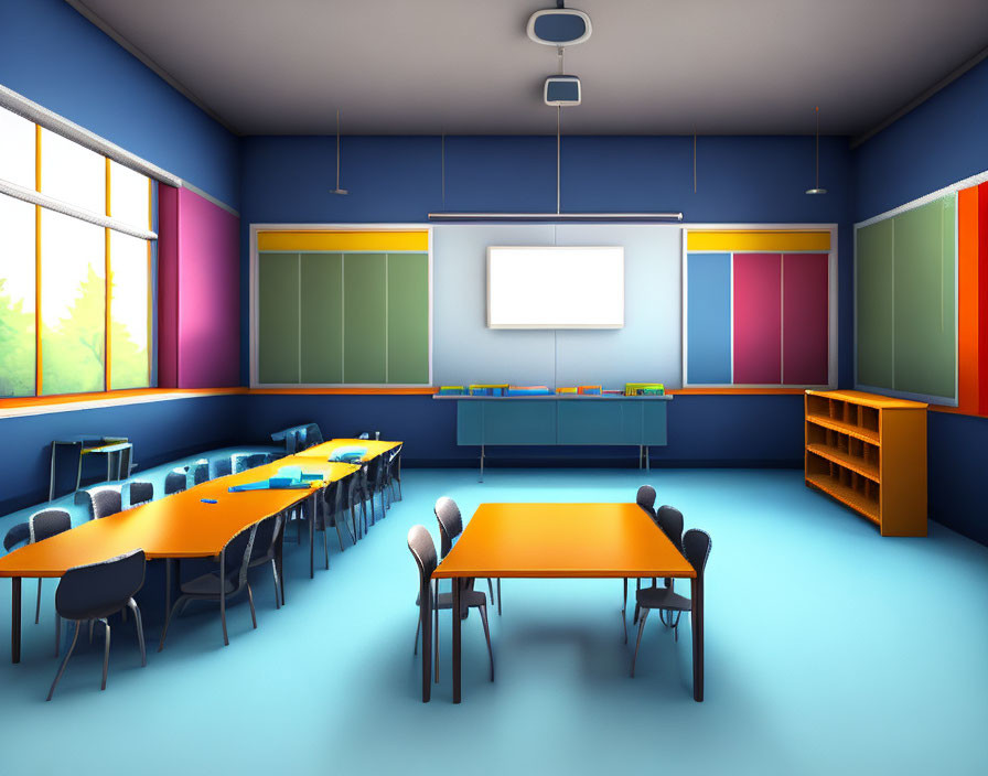 Vibrant classroom with desks, whiteboard, bookshelf, and natural light