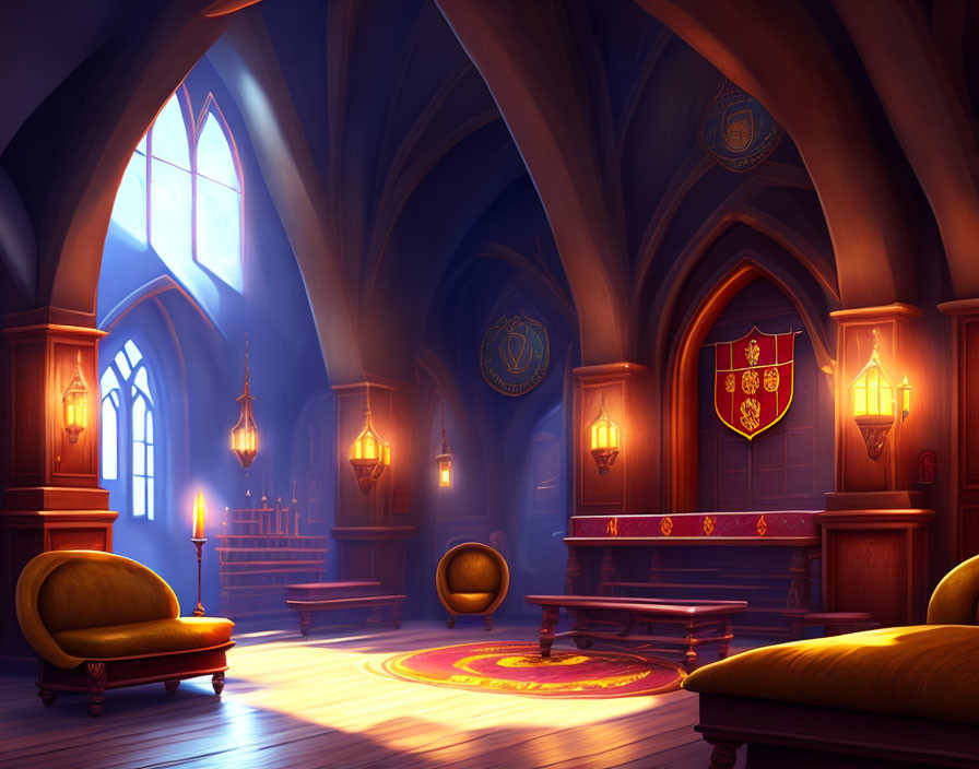 Gothic-themed room with candlelight, plush couches, round table, and medieval/fantasy