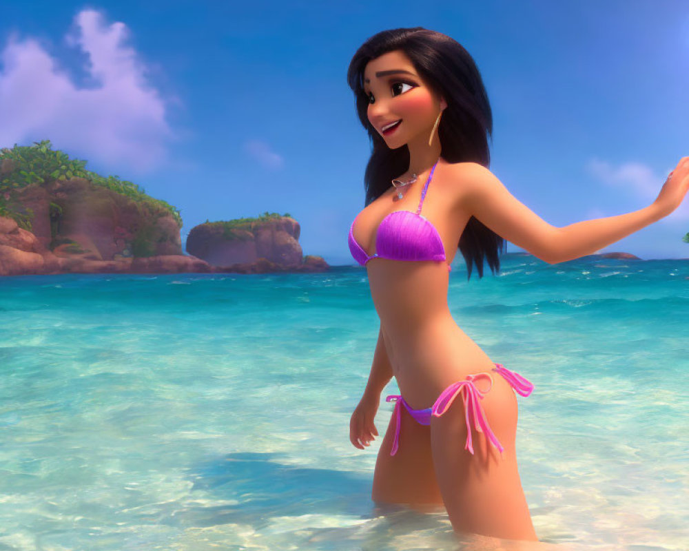 Long-haired animated character in purple bikini at tropical beach with rocks.