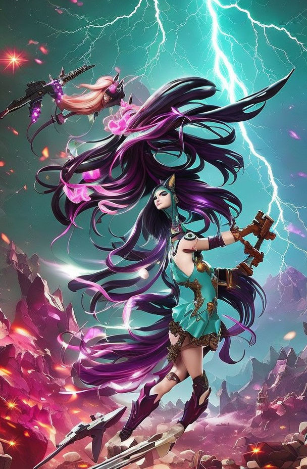 Female warrior illustration with purple hair and sword in lightning backdrop