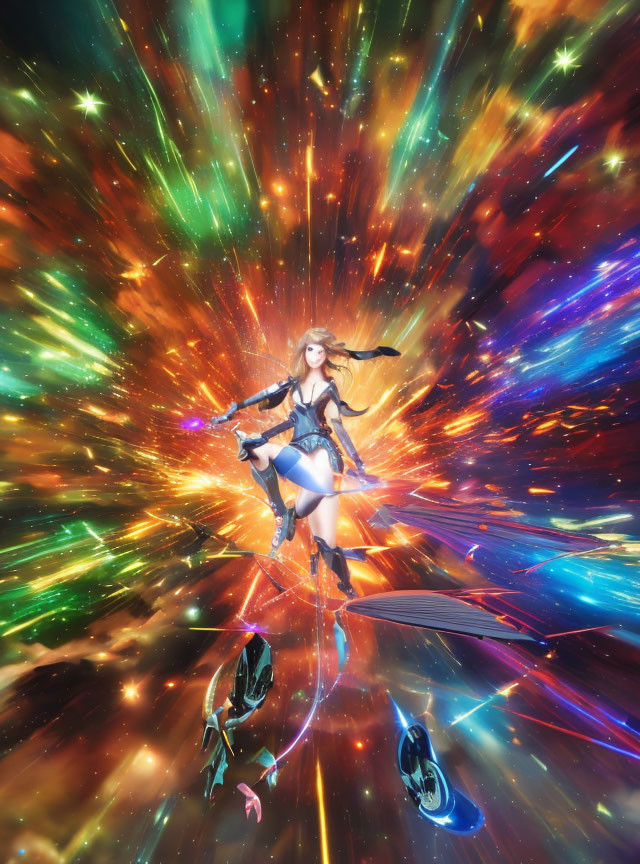 Female anime character soaring through vibrant space-time tunnel with multicolored light and stars