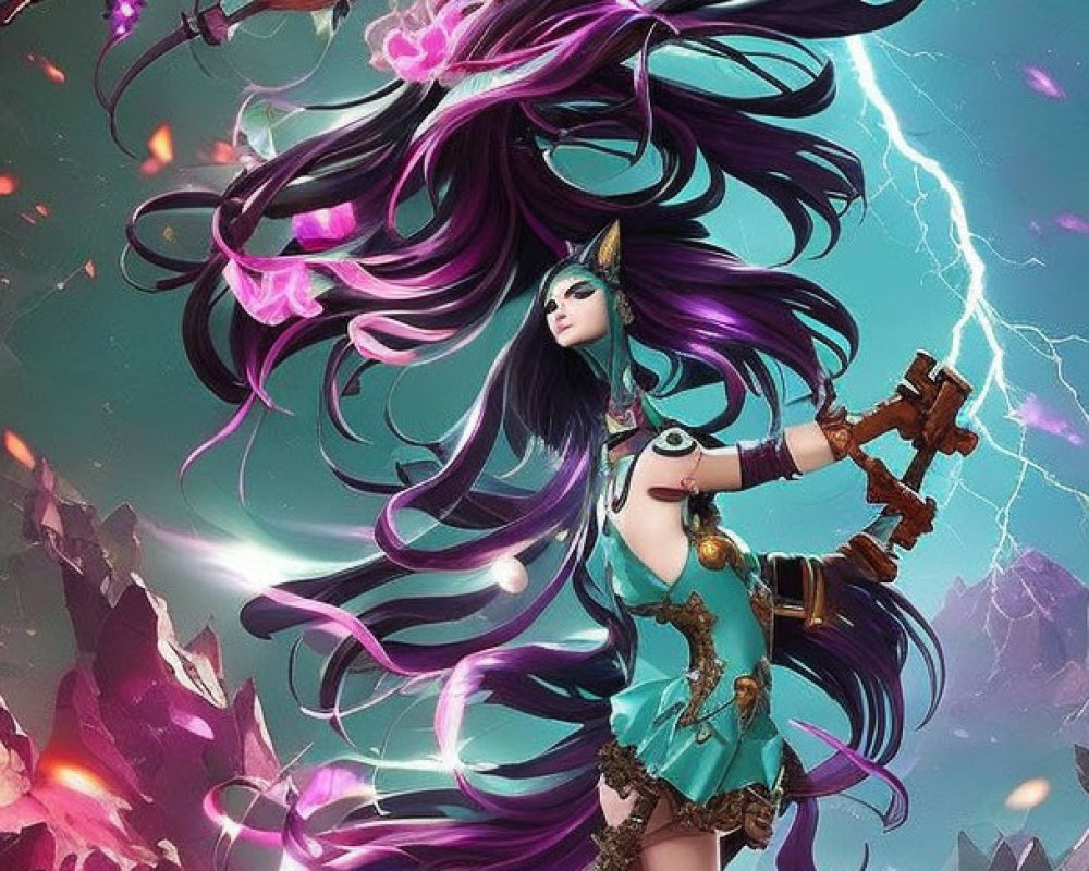 Female warrior illustration with purple hair and sword in lightning backdrop