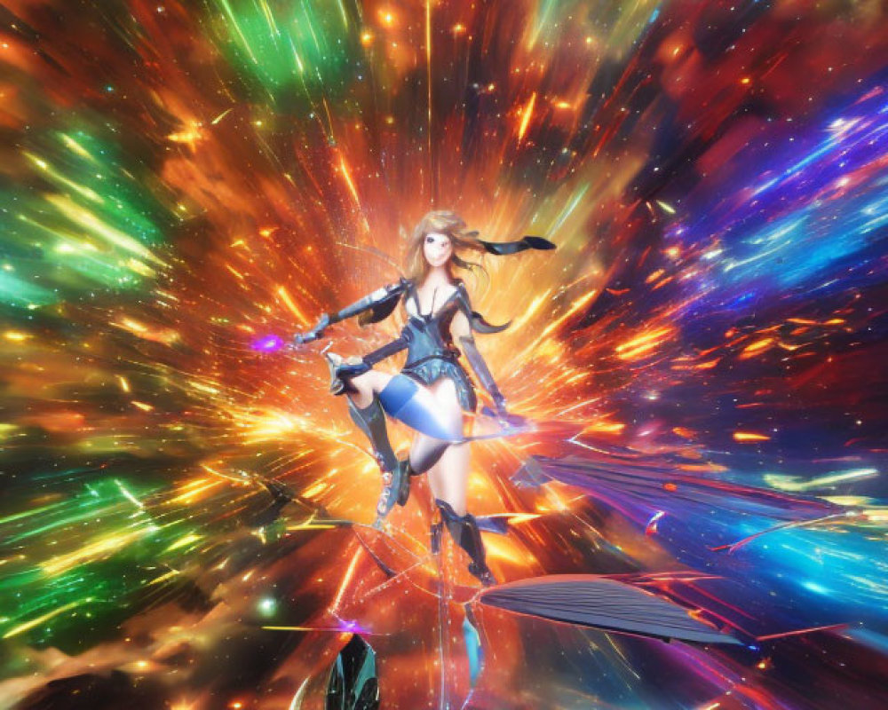 Female anime character soaring through vibrant space-time tunnel with multicolored light and stars