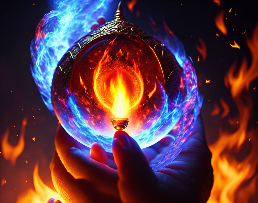 Magical orb with burning flame and ethereal blue energy on dark background