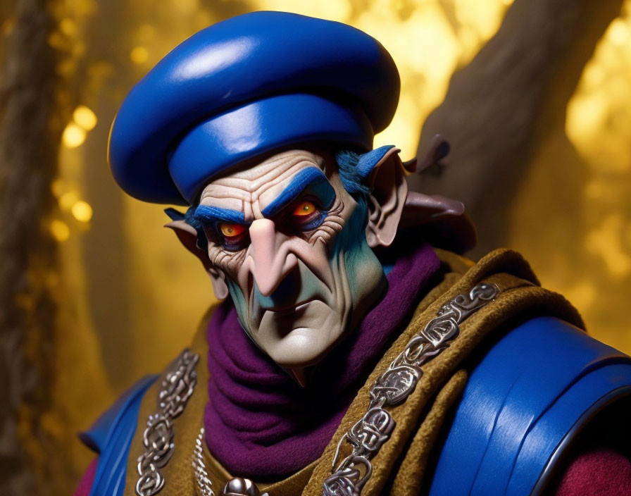 Detailed close-up of animated character with blue hat and purple cloak