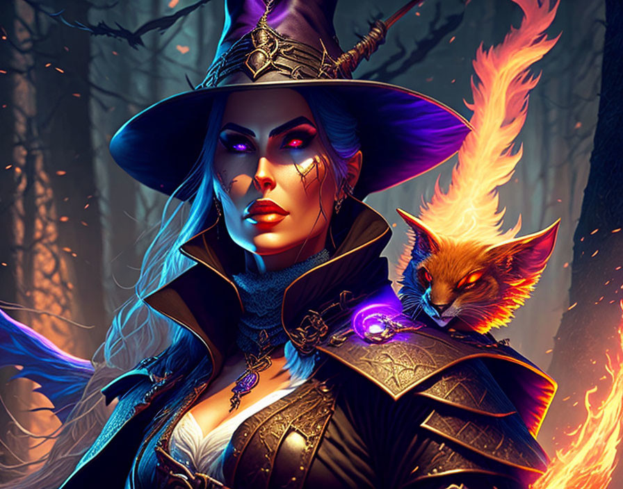 Female witch with blue eyes holding flaming mystical fox-like creature