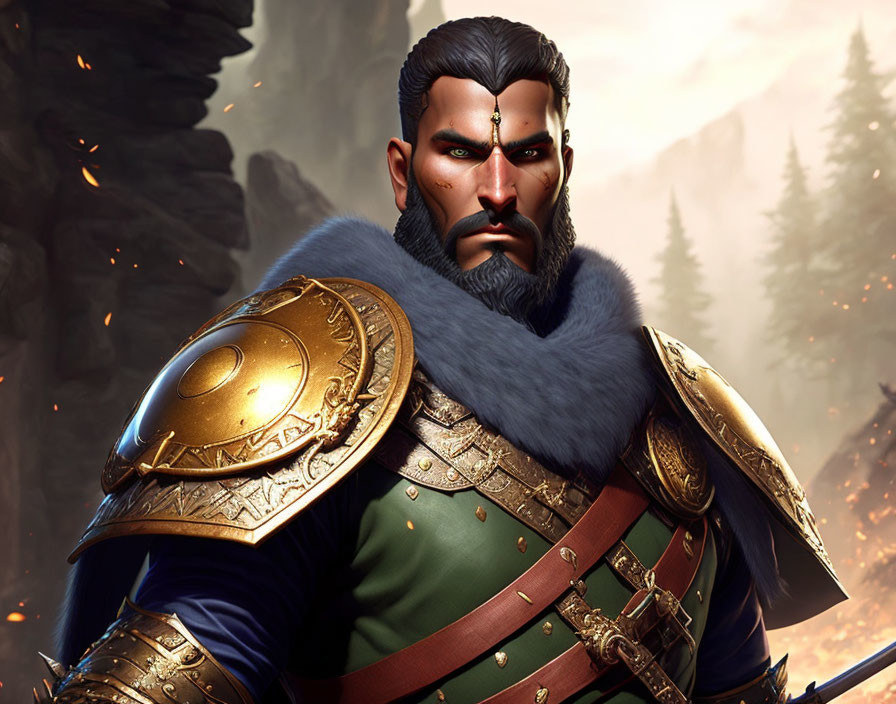 Bearded animated character in green tunic and golden armor against fiery backdrop