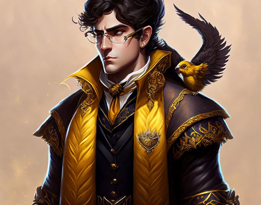 Detailed illustration of man in ornate black and gold coat with raven on shoulder