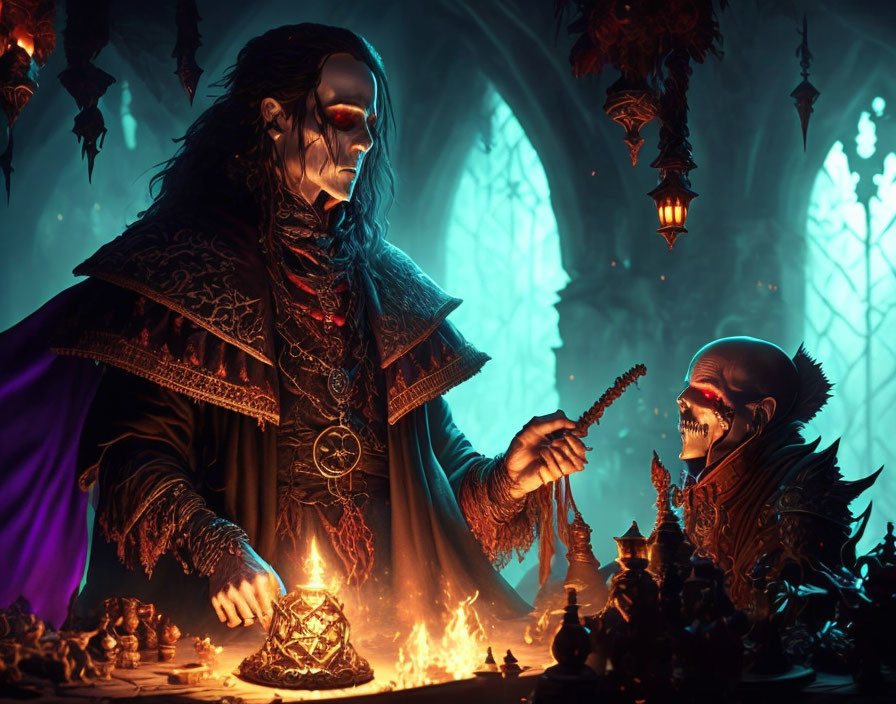 Sinister skeletal figures in ornate robes in a dark, gothic scene