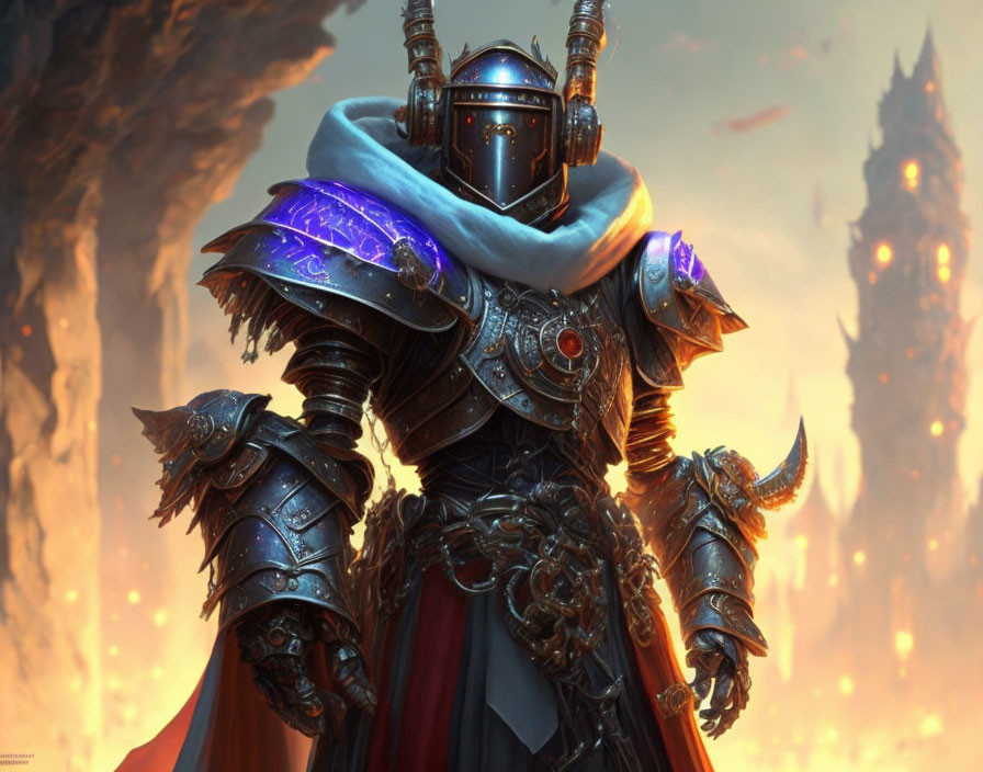 Ornate armor-clad knight with glowing runes on fiery backdrop