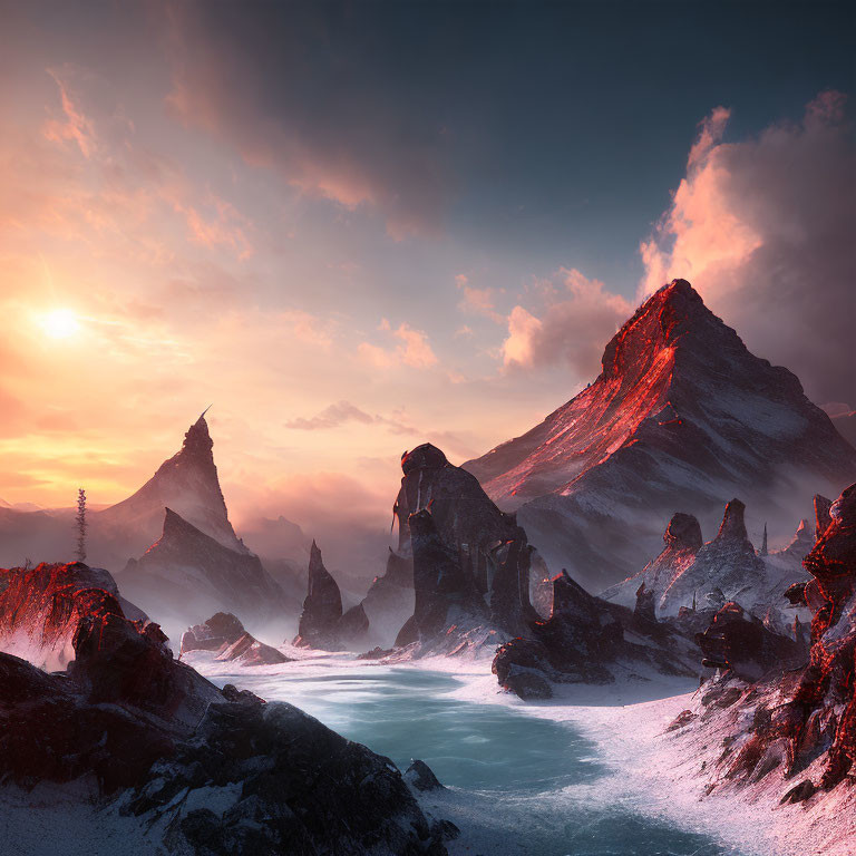 Snow-covered peaks and fiery sky over frozen river and rugged cliffs