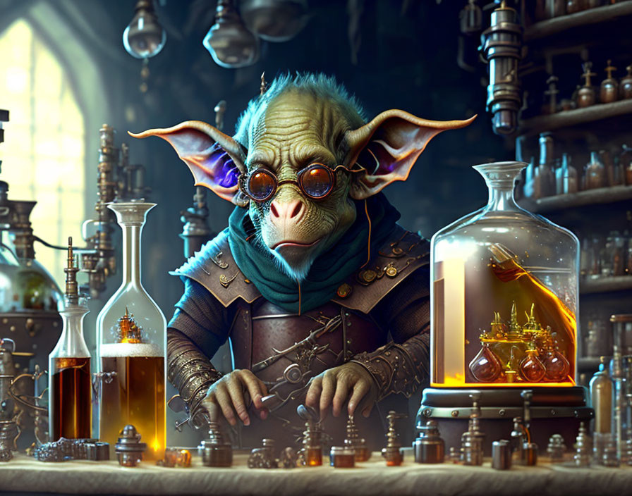 Fantasy creature in potion-filled laboratory with goggles and flasks