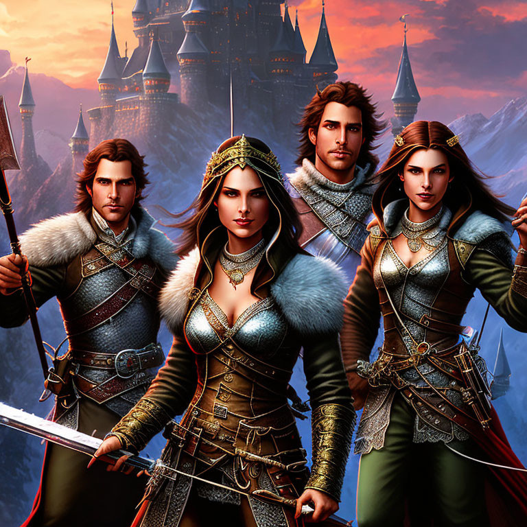 Medieval fantasy characters in armor with swords, castle backdrop