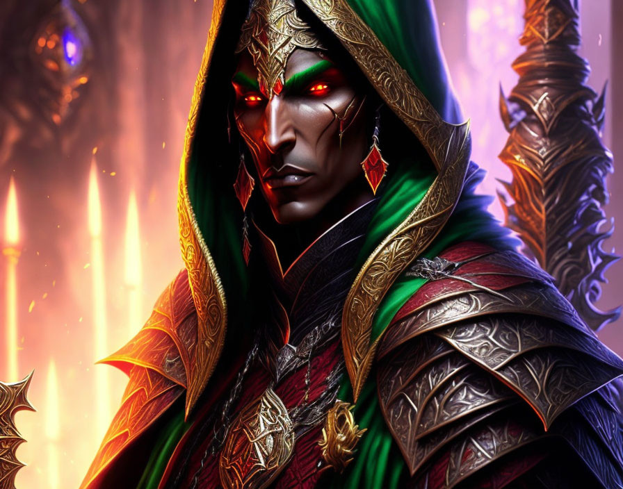 Fantasy character with pointed ears in red and green cloak with armor on fiery backdrop