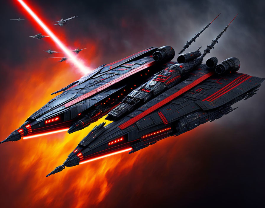 Futuristic red and black spaceship in space battle scene