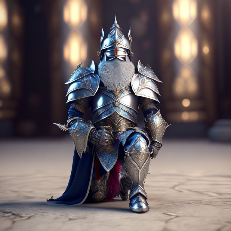 Knight in ornate armor with cape and sword kneeling in grand hall