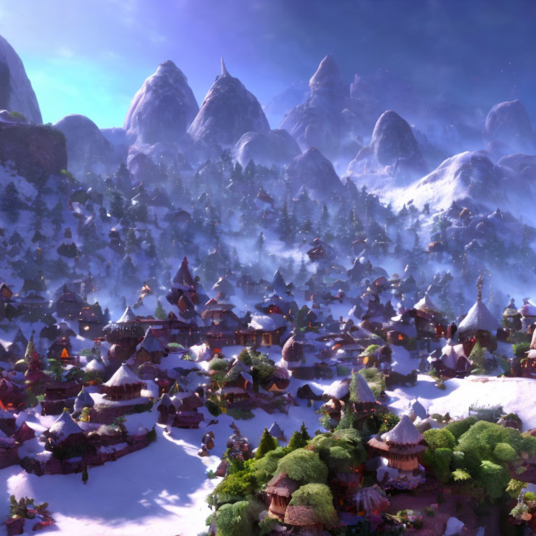 Snow-covered winter village with cozy houses and pine trees.