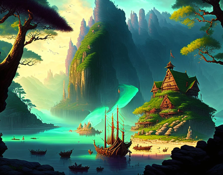 Mystical river landscape with cliffs, sailboat, smaller boats, and hilltop house under blue