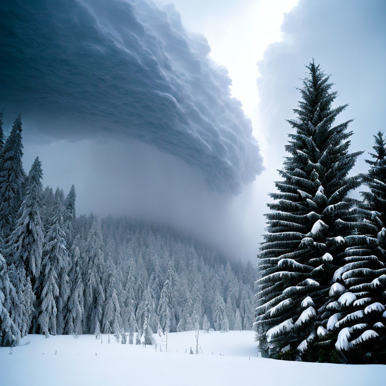 Snow-covered trees under dark winter sky.