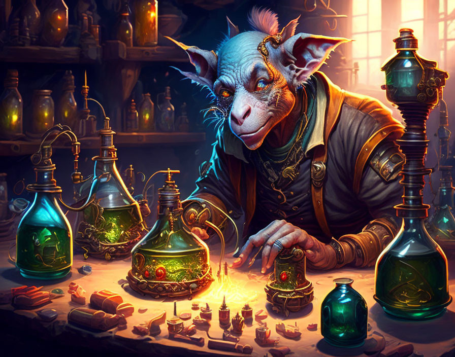 Anthropomorphic Rat Alchemist in Candlelit Lab with Potion Bottles