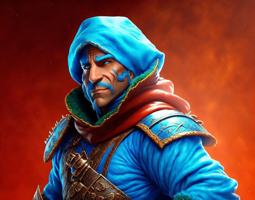 Animated character in blue turban and robe against fiery background