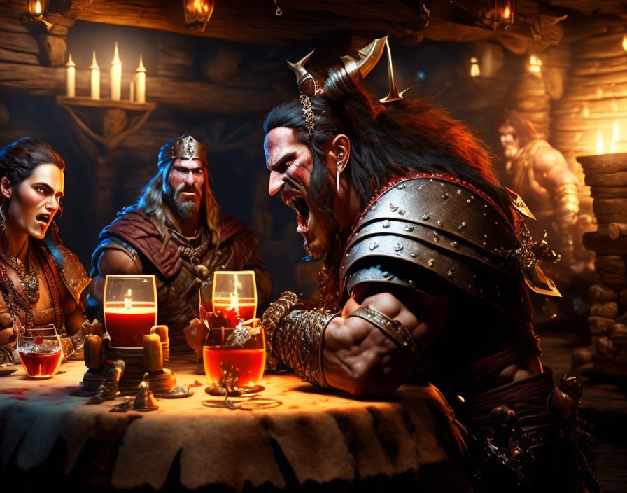 Medieval-inspired animated characters in a lively tavern scene