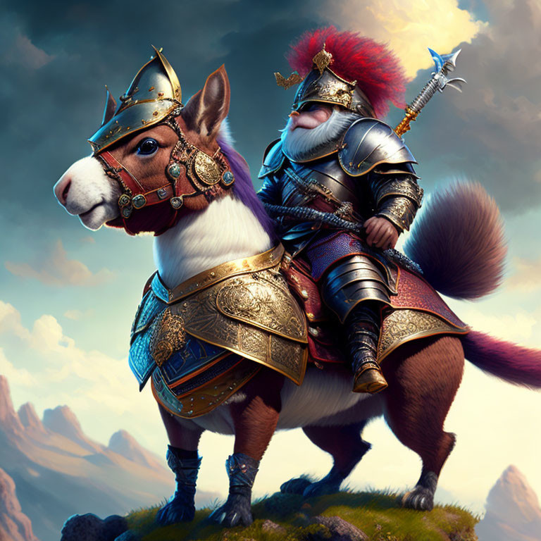 Illustration of armored squirrel knight riding corgi steed under majestic sky