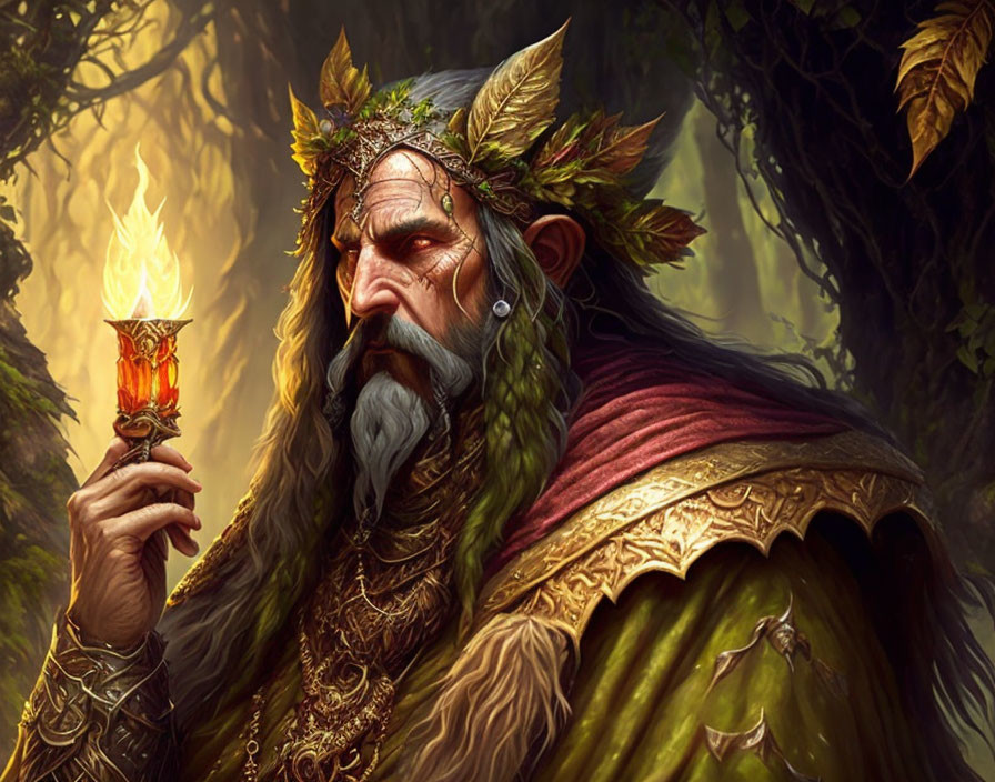 Majestic elder figure with leaf crown in golden armor holding torch