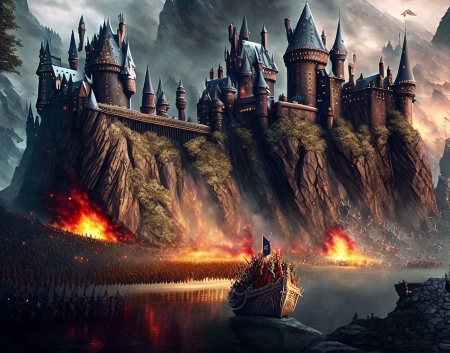 Fantasy castle on cliff with army, boat, flames, and dramatic sky