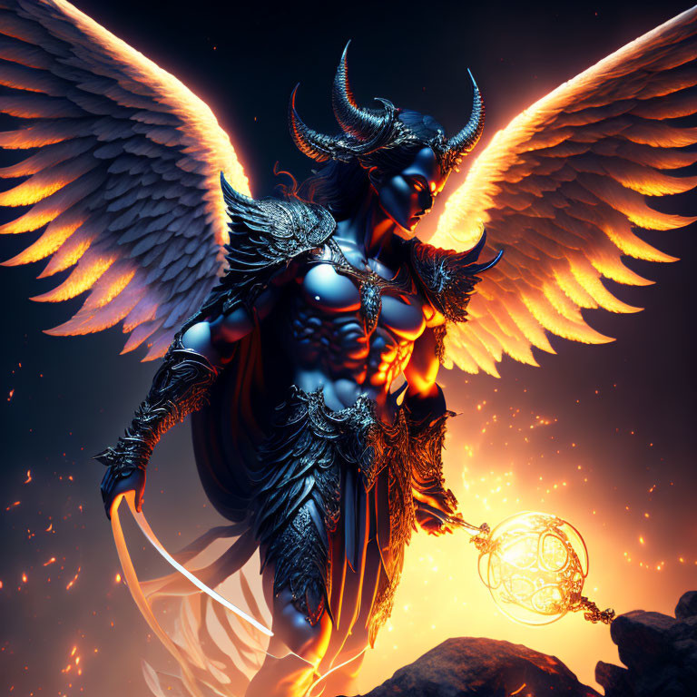 Dark-skinned angelic figure with wings and horned helmet holding glowing orb in fiery aura