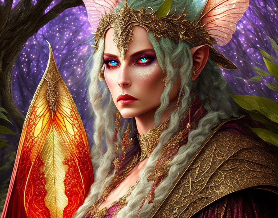 Fantasy elf woman portrait with blue eyes and fairy under starry sky