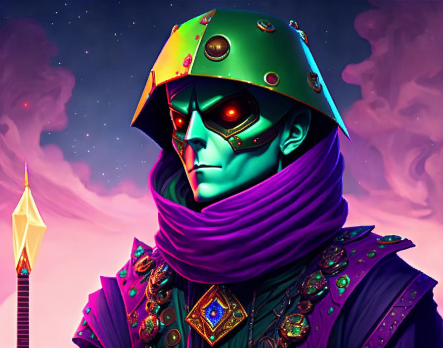 Colorful fictional character with green face, jewel-encrusted helmet, and cosmic purple background