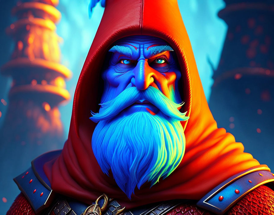 Fantasy wizard illustration with blue beard and red cloak