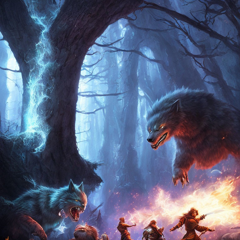 Mystical forest with glowing blue light, werewolves and armored warriors among twisted trees