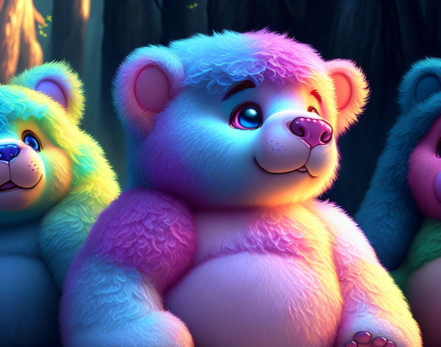 Fluffy colorful bears in serene forest setting