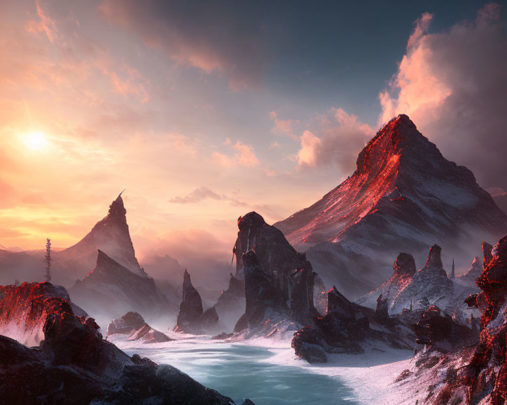 Snow-covered peaks and fiery sky over frozen river and rugged cliffs