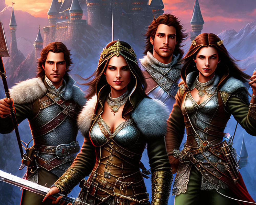 Medieval fantasy characters in armor with swords, castle backdrop