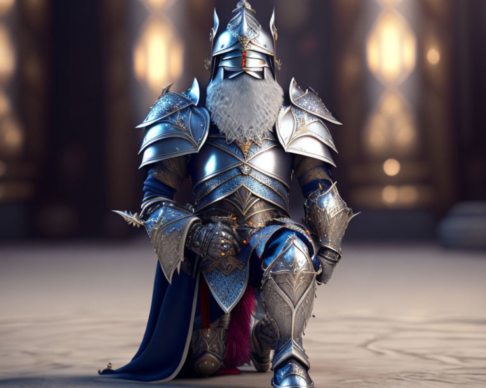 Knight in ornate armor with cape and sword kneeling in grand hall