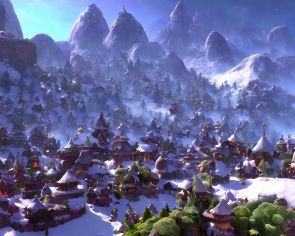 Snow-covered winter village with cozy houses and pine trees.