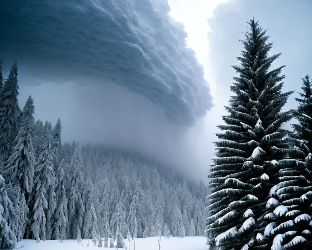 Snow-covered trees under dark winter sky.