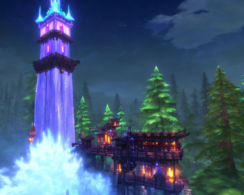 Mystical night scene with glowing tower, waterfall, and Asian-style wooden structure