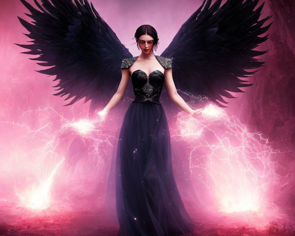 Dark-winged woman in black dress surrounded by pink lightning and glowing orbs