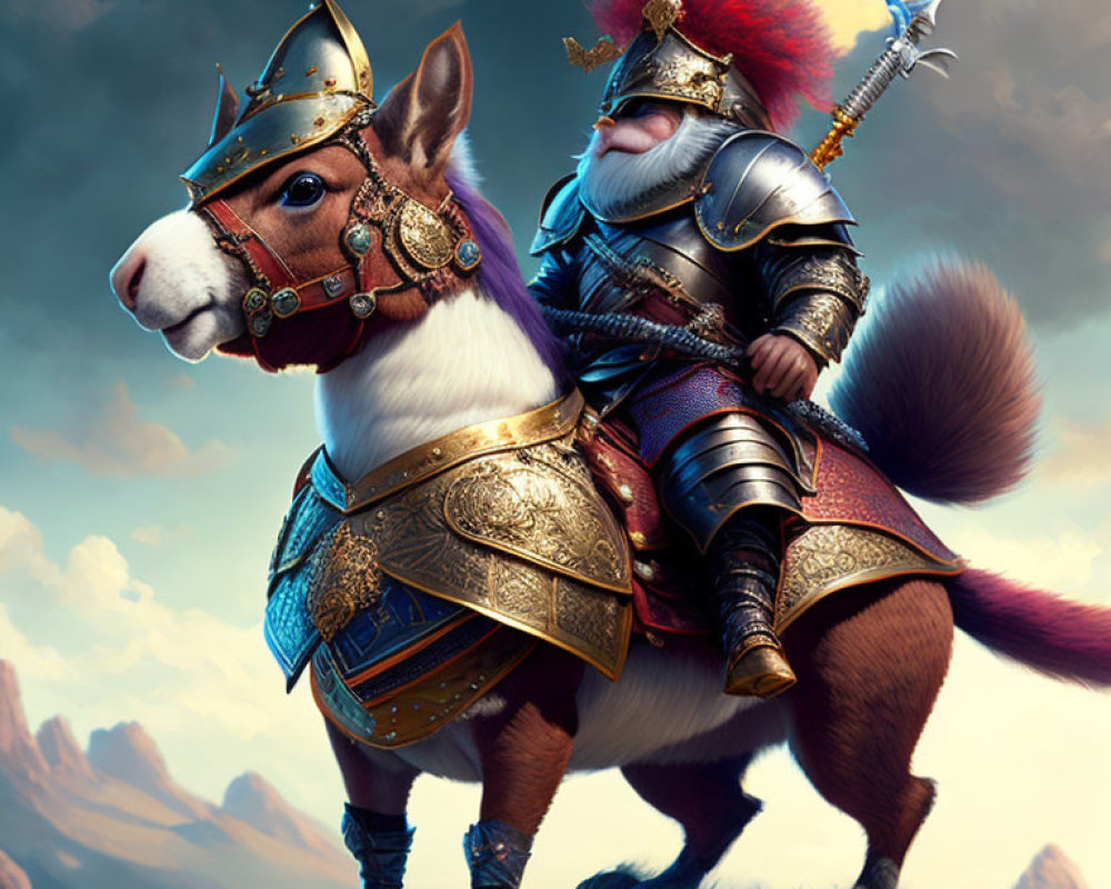 Illustration of armored squirrel knight riding corgi steed under majestic sky