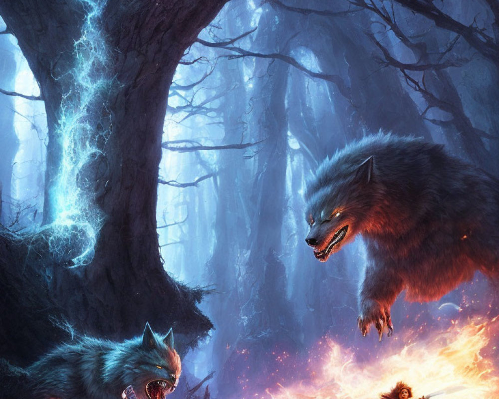 Mystical forest with glowing blue light, werewolves and armored warriors among twisted trees