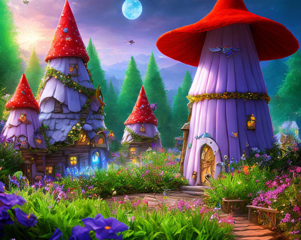 Whimsical mushroom houses in enchanted forest clearing