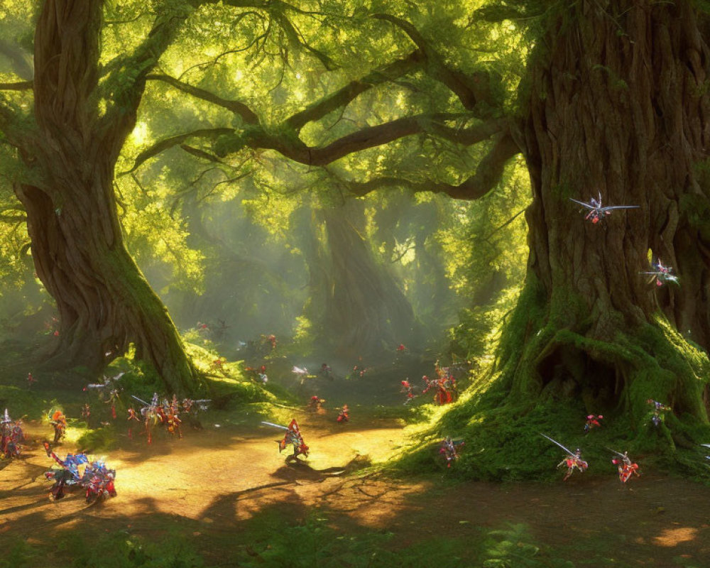 Sunlit enchanted forest with colorful fairies in lush greenery