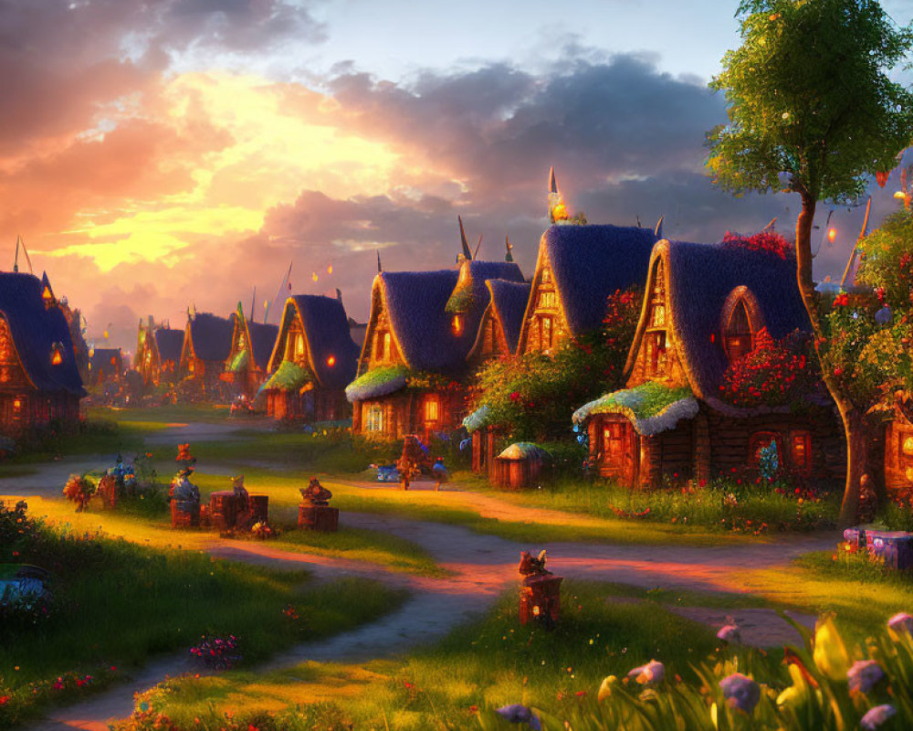 Scenic village with thatched-roof cottages and colorful flowers at sunset