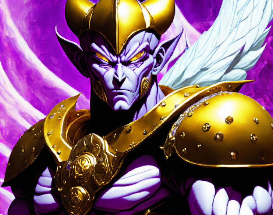 Purple-skinned character in golden armor on swirling backdrop